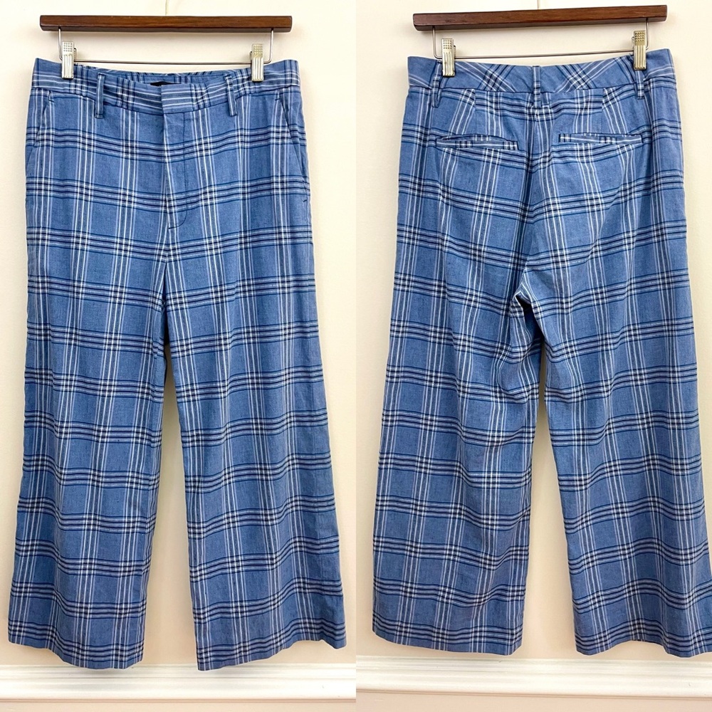 Banana Republic Linen blend Wide-leg Crop Pants Blue Plaid, EUC - Picture 3 of 11